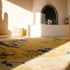 Pair of Antique Chinese Art Deco Yellow Scenic Oval Rugs (SKU 23900) - in-room detail