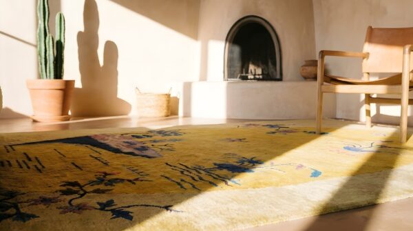 Pair of antique chinese art deco yellow scenic oval rugs 10 Pair of antique chinese art deco yellow scenic oval rugs (sku 23900) - in-room detail