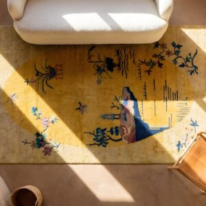 Pair of Antique Chinese Art Deco Yellow Scenic Oval Rugs (SKU 23900) - styled overhead view