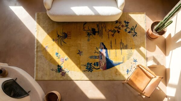 Pair of antique chinese art deco yellow scenic oval rugs 2 Pair of antique chinese art deco yellow scenic oval rugs (sku 23900) - styled overhead view