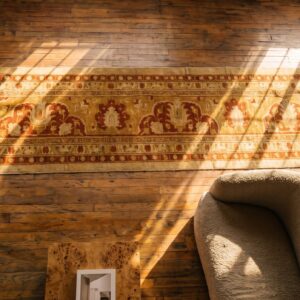 Pair Of Antique Indian Amritsar Extra Long Hallway Runner Rugs (SKU 19666) - styled overhead view