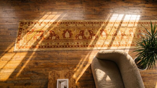 Pair of antique indian amritsar extra long hallway runner rugs 2 Pair of antique indian amritsar extra long hallway runner rugs (sku 19666) - styled overhead view