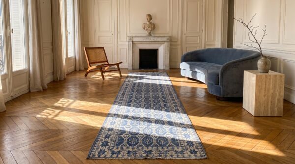 Pair of antique indian white and blue cotton agra hallway runner rugs 10 Pair of antique indian white and blue cotton agra hallway runner rugs (sku 21137) - room view