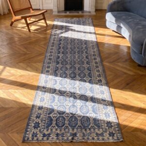 Pair of Antique Indian White and Blue Cotton Agra Hallway Runner Rugs (SKU 21137) - styled overhead view