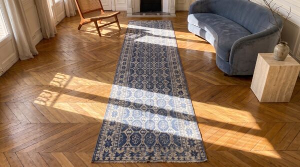Pair of antique indian white and blue cotton agra hallway runner rugs 2 Pair of antique indian white and blue cotton agra hallway runner rugs (sku 21137) - styled overhead view