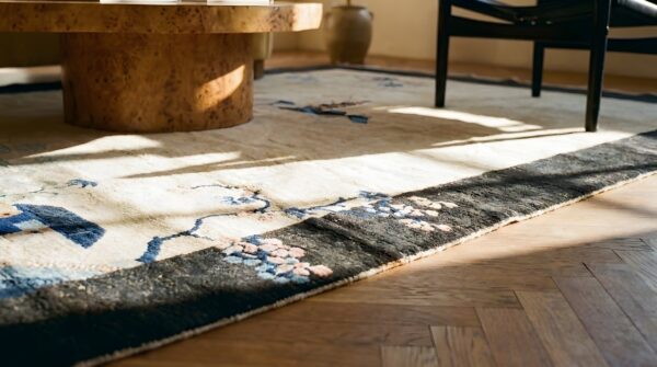 Pair of scenic pictorial antique ivory chinese art deco carpets 11 Pair of scenic pictorial antique ivory chinese art deco carpets (sku 25417) - in-room detail