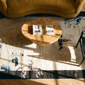 Pair of Scenic Pictorial Antique Ivory Chinese Art Deco Carpets (SKU 25417) - styled overhead view