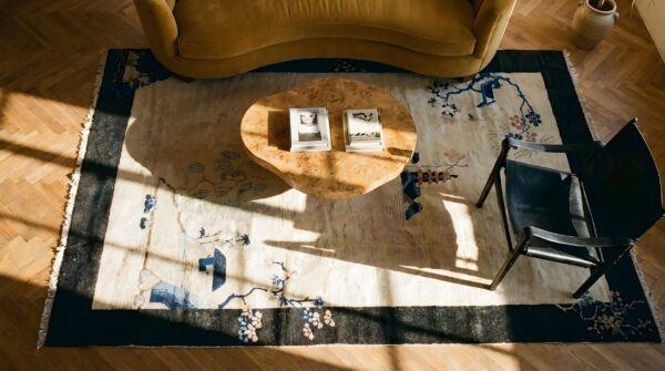 Pair of scenic pictorial antique ivory chinese art deco carpets 2 Pair of scenic pictorial antique ivory chinese art deco carpets (sku 25417) - styled overhead view