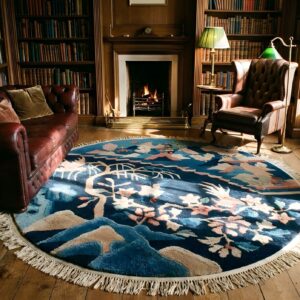 Pair of Small Blue Antique Round Chinese Scenic Peking Bird Pattern Rugs (SKU 25042) - room view