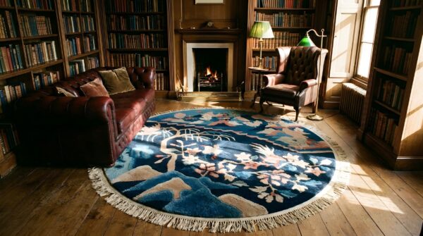 Pair of small blue antique round chinese scenic peking bird pattern rugs 8 Pair of small blue antique round chinese scenic peking bird pattern rugs (sku 25042) - room view