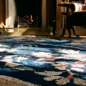 Pair of Small Blue Antique Round Chinese Scenic Peking Bird Pattern Rugs (SKU 25042) - in-room detail