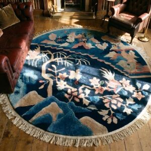 Pair of Small Blue Antique Round Chinese Scenic Peking Bird Pattern Rugs (SKU 25042) - styled overhead view