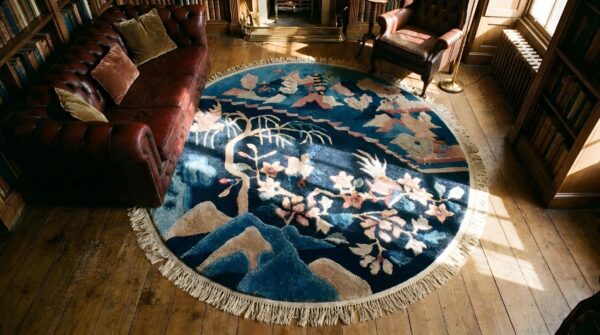 Pair of small blue antique round chinese scenic peking bird pattern rugs 2 Pair of small blue antique round chinese scenic peking bird pattern rugs (sku 25042) - styled overhead view