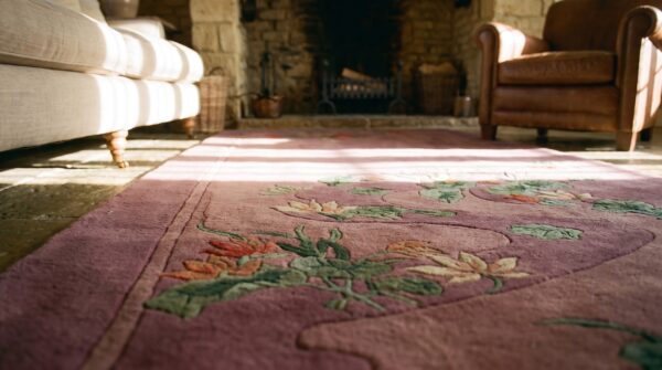 Pair of small purple antique chinese deco wool pile area rug 8 Pair of small purple antique chinese deco wool pile area rug (sku 25050) - in-room detail