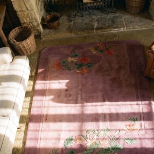 Pair Of Small Purple Antique Chinese Deco Wool Pile Area Rug (SKU 25050) - styled overhead view