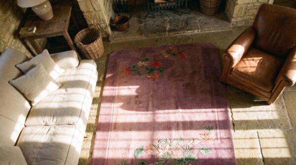 Pair of small purple antique chinese deco wool pile area rug 2 Pair of small purple antique chinese deco wool pile area rug (sku 25050) - styled overhead view