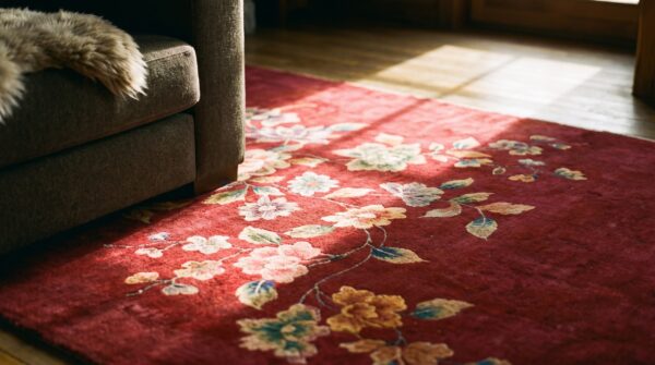 Pair of small antique purple floral chinese art deco scatter wool area rugs (sku 24443) - in-room detail