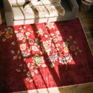 Pair Of Small Antique Purple Floral Chinese Art Deco Scatter Wool Area Rugs (SKU 24443) - styled overhead view