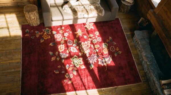 Pair of small antique purple floral chinese art deco scatter wool area rugs (sku 24443) - styled overhead view
