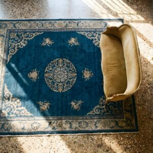 Pair Of Antique Antique Small Scatter Size Ivory Wool Pile Chinese Dragons Peking Rugs (SKU 24614) - styled overhead view