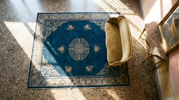 Pair of antique antique small scatter size ivory wool pile chinese dragons peking rugs (sku 24614) - styled overhead view