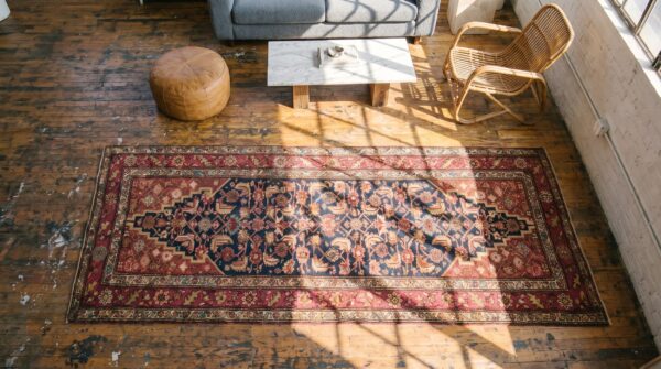 Pair of tribal herati design antique blue caucasian karabagh hallway runner rugs 2 Pair of tribal herati design antique blue caucasian karabagh hallway runner rugs (sku 18101) - styled overhead view
