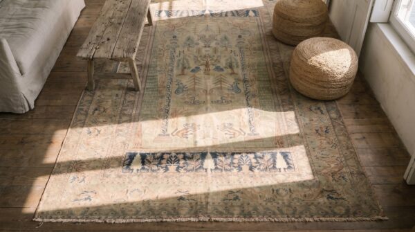 Antique panderma kayseri turkish knotted rug 2 Antique panderma kayseri turkish knotted rug (sku 18166) - styled overhead view