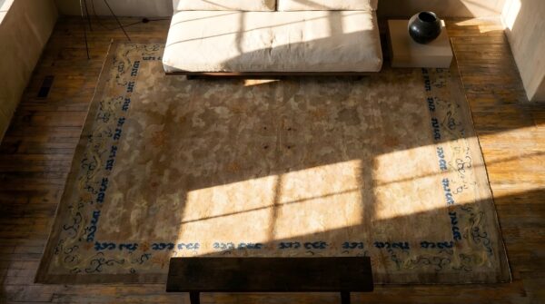 Antique peking chinese allover beige 1920s rug 2 Antique peking chinese allover beige 1920s rug (sku 23892) - styled overhead view