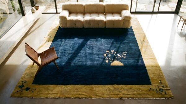 Antique peking chinese allover beige, blue navy 1920s rug (sku 24611) - styled overhead view