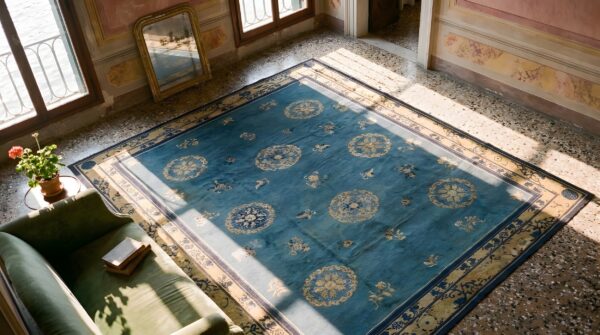Antique peking chinese allover blue 1920s rug 2 Antique peking chinese allover blue 1920s rug (sku 23687) - styled overhead view