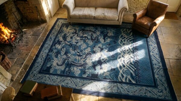 Antique peking chinese allover blue 1930s rug 2 Antique peking chinese allover blue 1930s rug (sku 23693) - styled overhead view