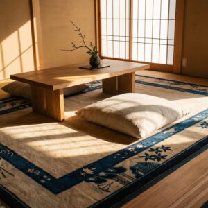 Antique Peking Chinese Allover Blue Navy, Ivory Beige Cream White 1920s Rug (SKU 24424) - room view