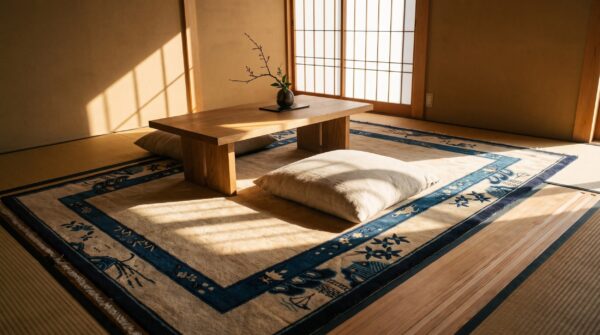 Antique peking chinese allover blue navy, ivory beige cream white 1920s rug 7 Antique peking chinese allover blue navy, ivory beige cream white 1920s rug (sku 24424) - room view