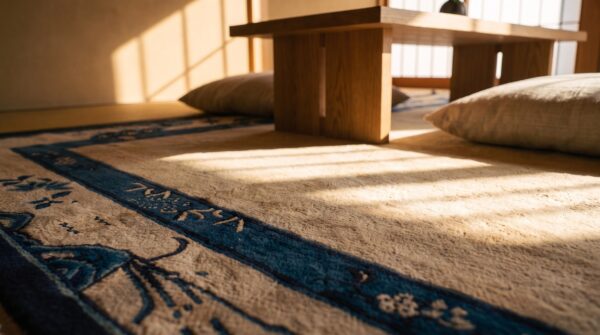 Antique peking chinese allover blue navy, ivory beige cream white 1920s rug 8 Antique peking chinese allover blue navy, ivory beige cream white 1920s rug (sku 24424) - in-room detail