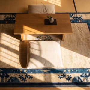 Antique Peking Chinese Allover Blue Navy, Ivory Beige Cream White 1920s Rug (SKU 24424) - styled overhead view