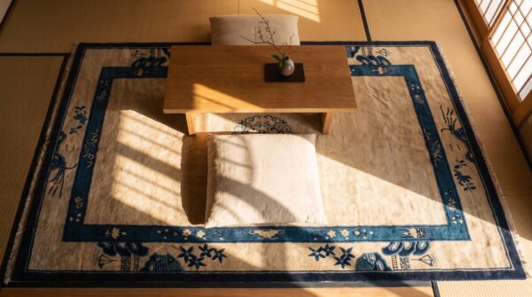 Antique peking chinese allover blue navy, ivory beige cream white 1920s rug 2 Antique peking chinese allover blue navy, ivory beige cream white 1920s rug (sku 24424) - styled overhead view