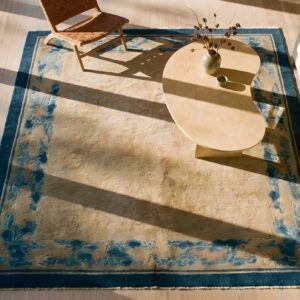 Antique Peking Chinese Allover Floral Beige 1900s Square Rug (SKU 23719) - styled overhead view