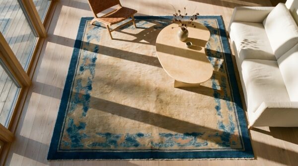 Antique peking chinese allover floral beige 1900s square rug (sku 23719) - styled overhead view
