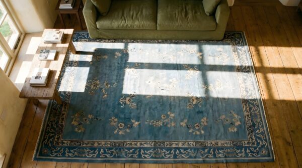 Antique peking chinese allover floral blue 1890s rug 2 Antique peking chinese allover floral blue 1890s rug (sku 24343) - styled overhead view