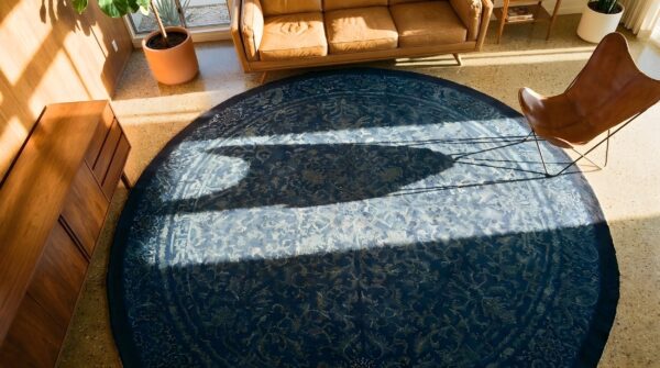 Antique peking chinese allover floral blue 1900s round rug 2 Antique peking chinese allover floral blue 1900s round rug (sku 24072) - styled overhead view