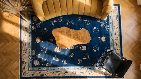 Antique peking chinese allover floral blue 1920s rug 2 Antique peking chinese allover floral blue 1920s rug (sku 23875) - styled overhead view