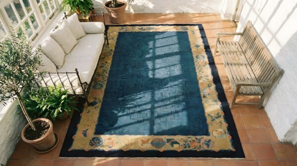 Antique peking chinese allover floral blue 1920s blue rug (sku 23891) - styled overhead view