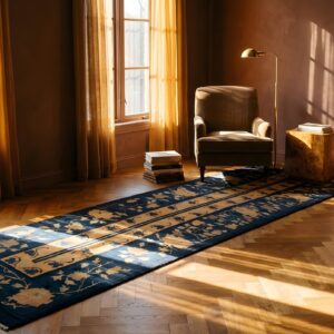 Antique Peking Chinese Allover Floral Knotted Blue , Coral Hallway Runner Rug (SKU 24170) - room view