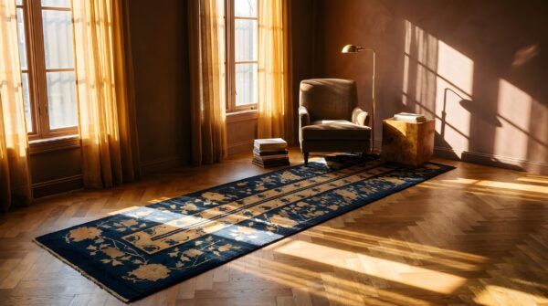 Antique peking chinese allover floral knotted blue , coral hallway runner rug 10 Antique peking chinese allover floral knotted blue , coral hallway runner rug (sku 24170) - room view