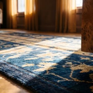 Antique Peking Chinese Allover Floral Knotted Blue , Coral Hallway Runner Rug (SKU 24170) - in-room detail