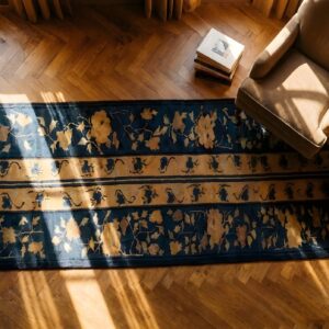 Antique Peking Chinese Allover Floral Knotted Blue , Coral Hallway Runner Rug (SKU 24170) - styled overhead view