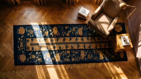 Antique peking chinese allover floral knotted blue , coral hallway runner rug 2 Antique peking chinese allover floral knotted blue , coral hallway runner rug (sku 24170) - styled overhead view