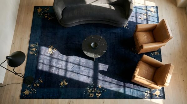 Antique peking chinese allover floral blue navy 1920s rug 2 Antique peking chinese allover floral blue navy 1920s rug (sku 24192) - styled overhead view