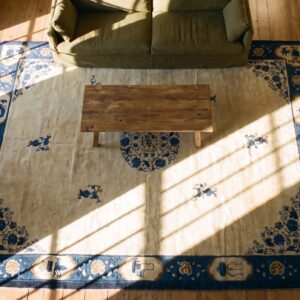 Antique Peking Chinese Allover Floral Blue Navy, Ivory Beige Cream White 1920s Rug (SKU 24651) - styled overhead view