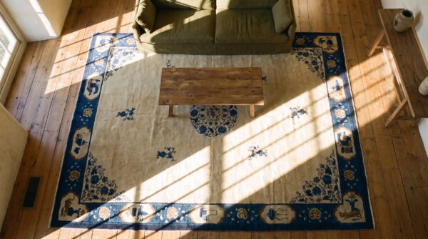 Antique peking chinese allover floral blue navy, ivory beige cream white 1920s rug 2 Antique peking chinese allover floral blue navy, ivory beige cream white 1920s rug (sku 24651) - styled overhead view